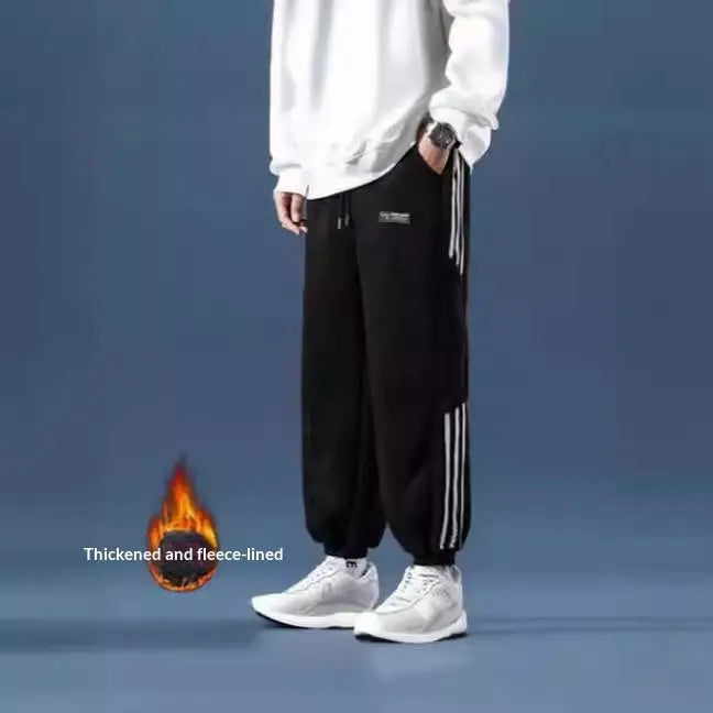 Mens Autumn Winter Striped Color-Block Fleece-Lined Ankle-Fit Pants SmartDealHub
