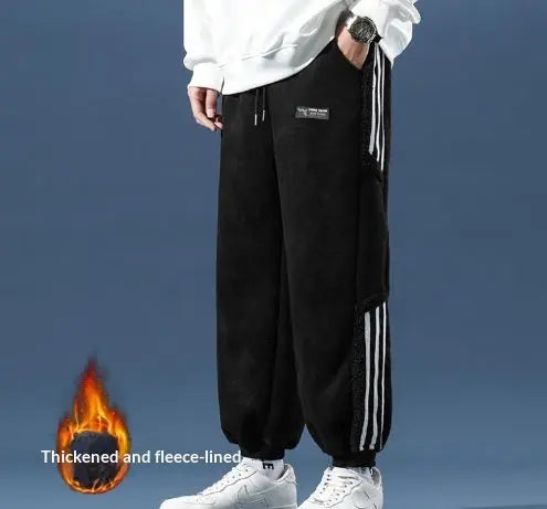 Mens Autumn Winter Striped Color-Block Fleece-Lined Ankle-Fit Pants SmartDealHub