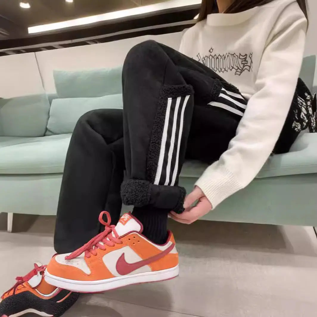 Mens Autumn Winter Striped Color-Block Fleece-Lined Ankle-Fit Pants SmartDealHub