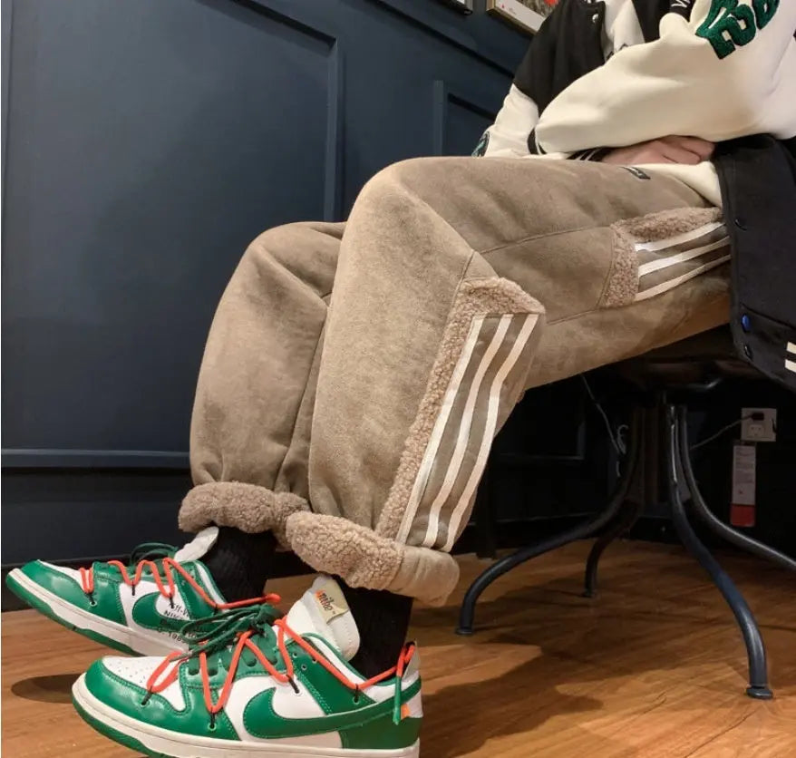 Mens Autumn Winter Striped Color-Block Fleece-Lined Ankle-Fit Pants SmartDealHub