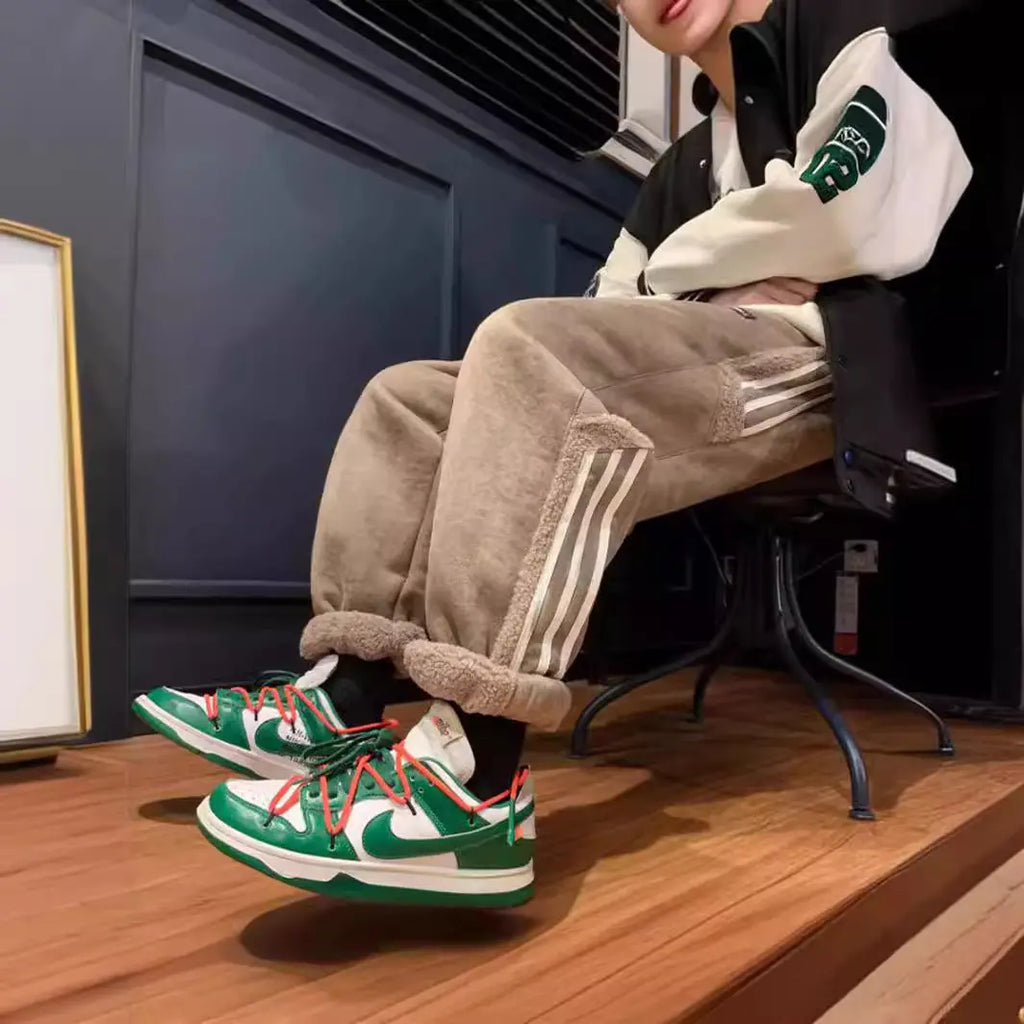 Mens Autumn Winter Striped Color-Block Fleece-Lined Ankle-Fit Pants SmartDealHub